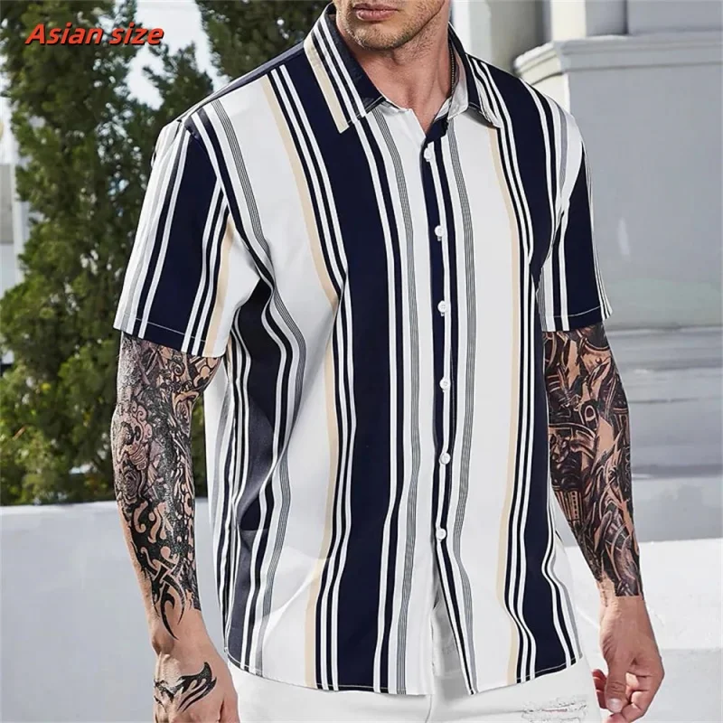 Men Colorful Stripe Pattern Hawaiian Shirt Color Block 3D Print Blouse Short Sleeve Street Oversized Lapel Tops Aloha Shirts