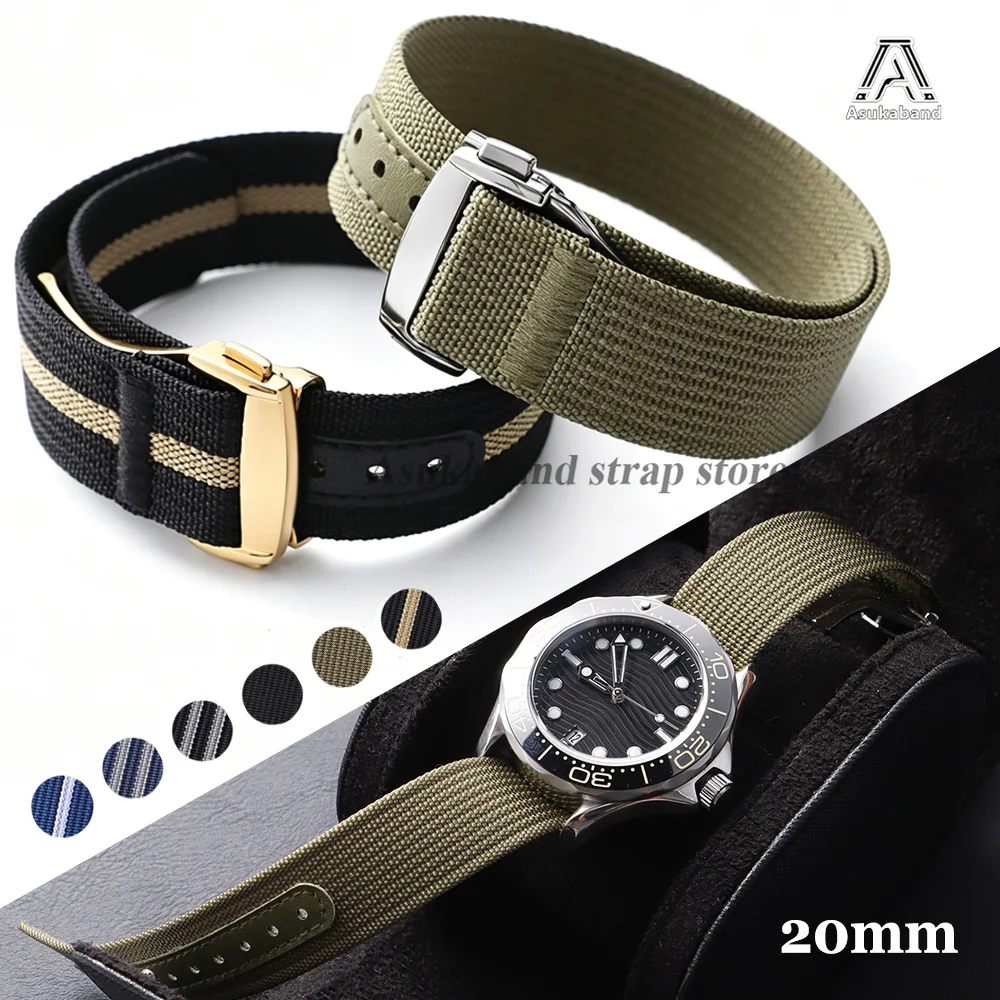 Black Nylon Watch Band with Folding Buckle – 20mm Military Sports Fabric Strap