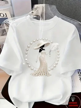 Women's Printed T-Shirt Pearl Diamond Jewelry Women's Design Casual Round Neck Short-sleeved Top Urban Style Printed T-Shirt 1