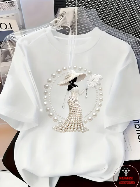 Women's Printed T-Shirt Pearl Diamond Jewelry Women's Design Casual Round Neck Short-sleeved Top Urban Style Printed T-Shirt 1