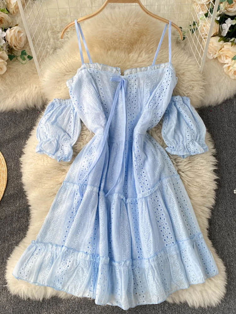 FTLZZ New Summer Sexy Women Spaghetti Strap Puff Sleeve Dress Casual