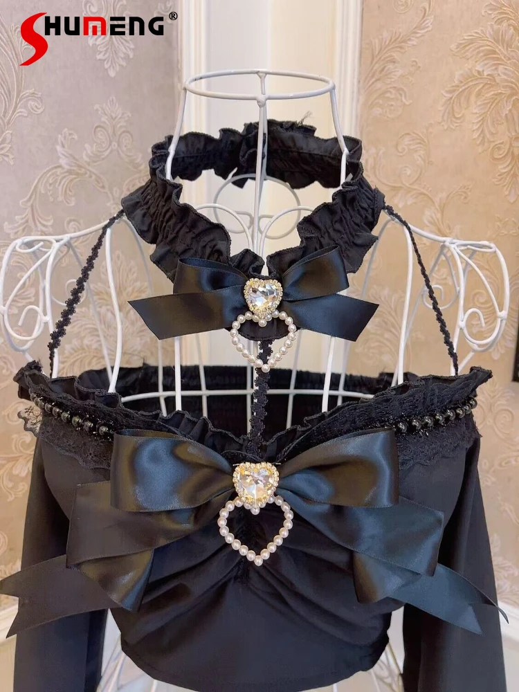 Lolita Princess Bowknot Love Rhinestone Short Shirt Ladies Cute Black White Pearl Lace Edge Bell Sleeve Slim Halter Crop Tops new rhinestone elastic belt for women dresses full crystal gem black female waist belt for coats down fashion luxury ladies belt