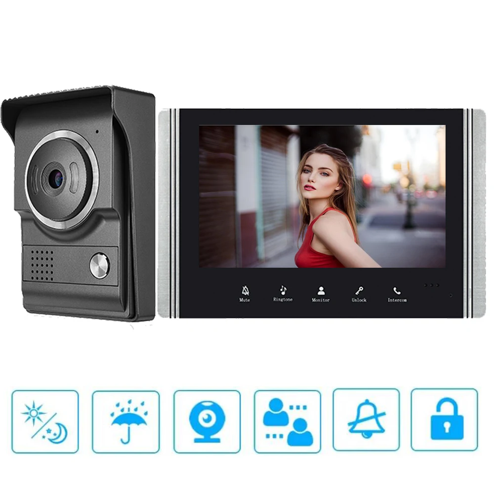 

Video Intercom System 7 Inch Monitor Wired Video Door Phone Doorbell Kits Indoor Outdoor IR Camera for Villa House Apartment