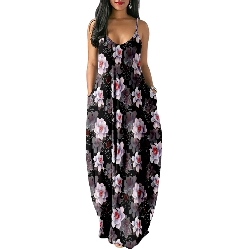 

2022 женское Повседневное платье с коротким рукавом и цветочным принтом, Свободное длинное пляжное платье с двойным карманом для курорта, женское платье