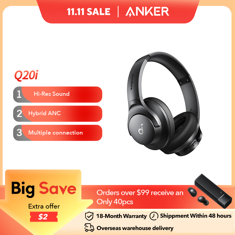 soundcore by Anker Q20i Hybrid Active Noise Cancelling Headphones Wireless Over-Ear Bluetooth 40H Long ANC Playtime