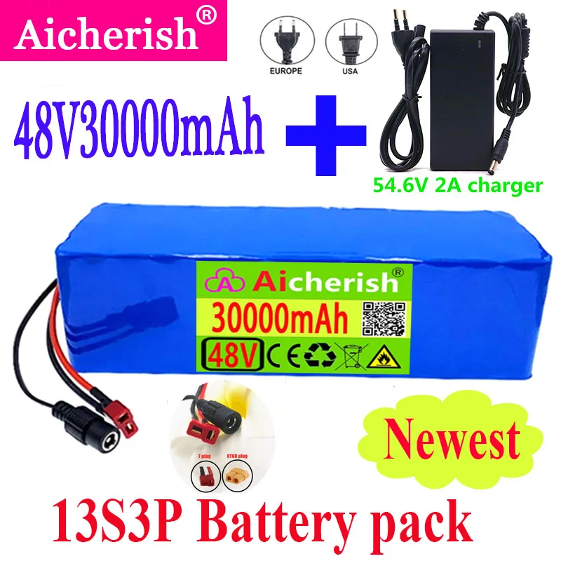 

2023 New 48V 30Ah 30000mAh Battery Pack 13S3P 1000W High Power Battery Ebike Electric Bicycle Scooter With T Plug+54.6V Charger