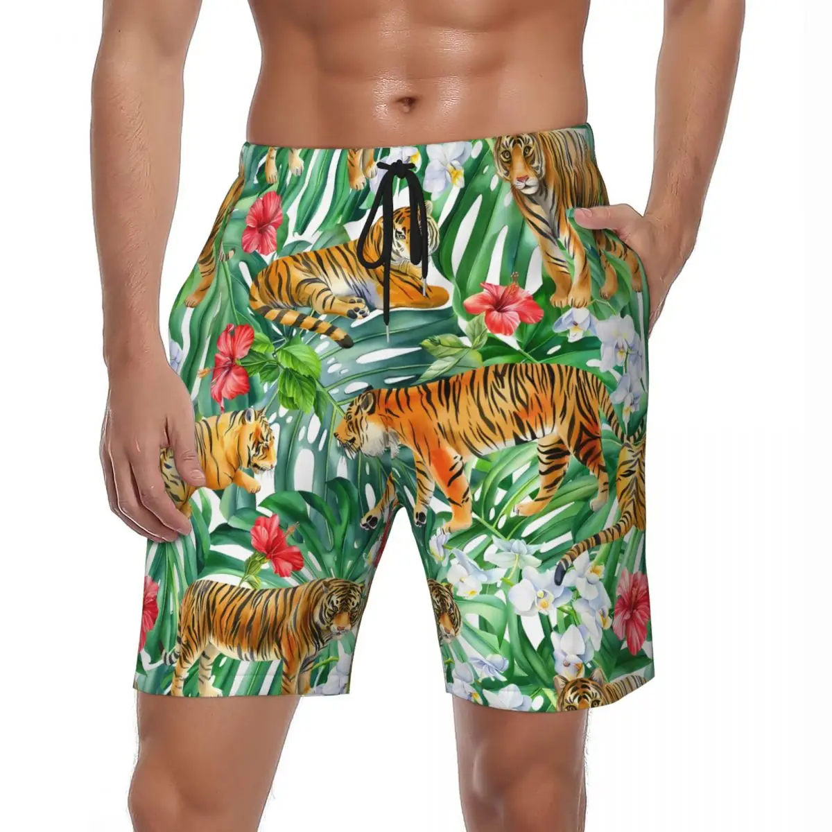 

Males Gym Shorts Animal Tiger Swim Trunks 3D Printed Tropical Hawaii Quick Dry Sportswear Trendy Plus Size Beach Short Pantsa