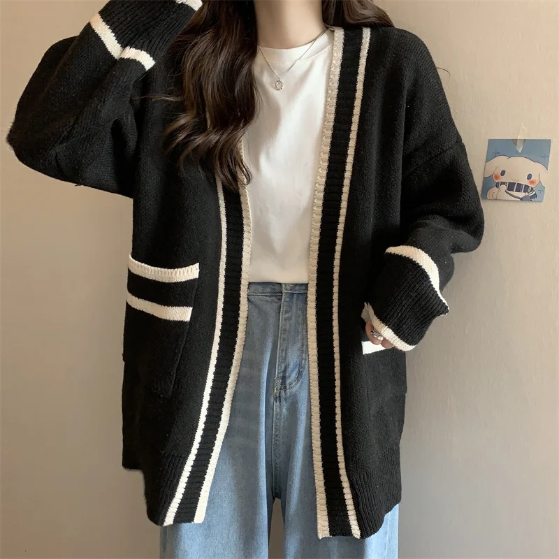 Varsity Cardigan 긴 소매 V 넥 오픈 프론트 스웨터 여성용 니트 자켓 Preppy Style