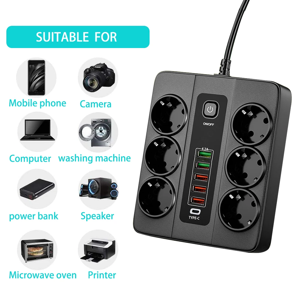 Power Strip 3000W 6 AC Outlets EU Plug USB Type C