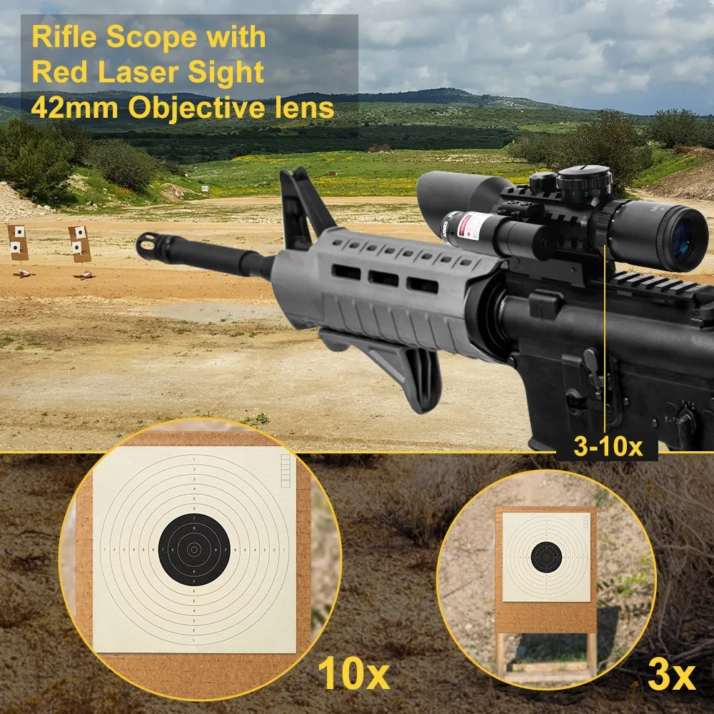 3-10x42 Red Laser Riflescope Sight Telescopic Optics Reflex Rifle Scope  Airsoft