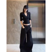 Slim Fit V-Neck Short Sleeve T-Shirt Women's Style Black Cotton Casual Top Fashionable Design Summer New Arrival