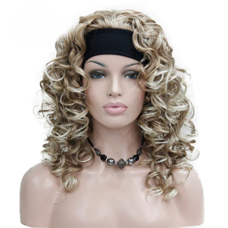 

Strawberry Blonde mix Blonde Tip 3/4 wig with Headband Synthetic Curly Long Women's wig