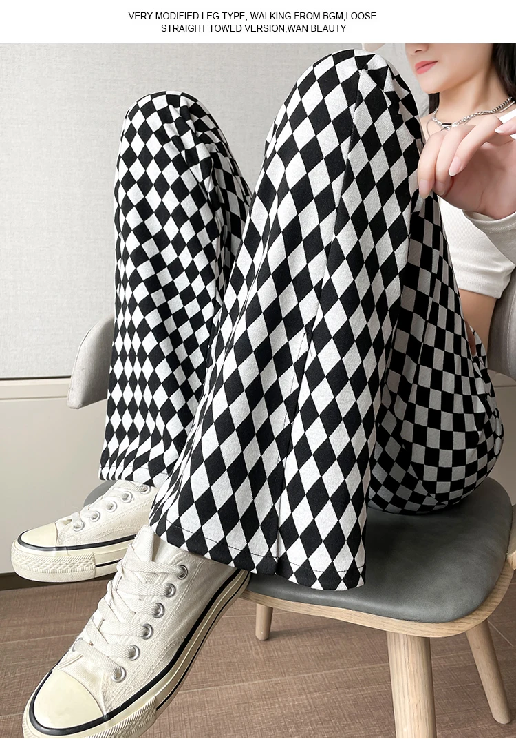 calças casuais all-match xadrez split calças largas perna calças femininas