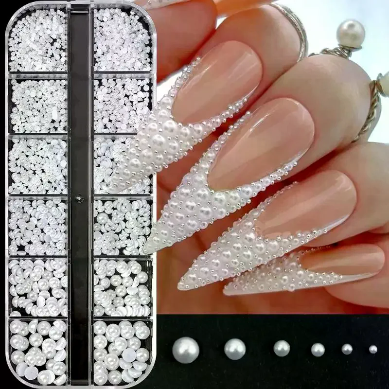 12-Grid Mixed Pearl and Rhinestone 3D Nail Art Decoration Set