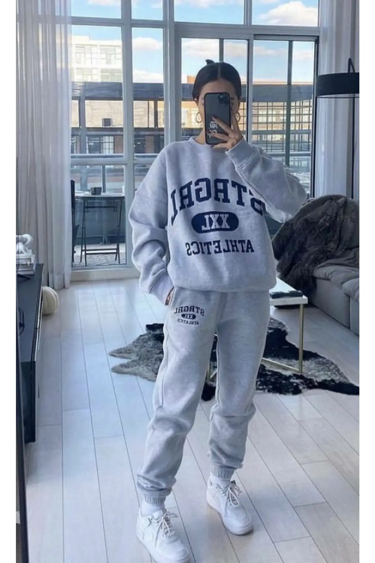 

Atlanta Printed Unisex Bottom Top Combination Grey Tracksuit Suit Daily Regular Cotton Plus Size Clothing