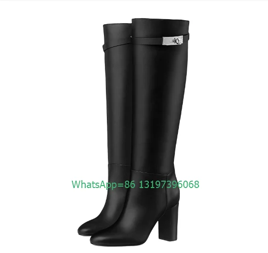 

Lady PU sliver metal buckle knee boots sexy black chunky heel daily new arrive boots punk causal office lady boots size 34-43