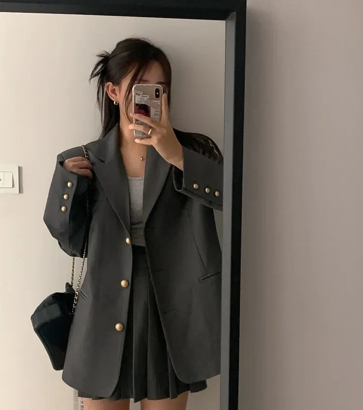 Korean Chic Two-piece Skirt Set Women Single Breasted Blazer Loose Jacket Solid Pleated Mini Skirt Autumn Office Lady Outfits