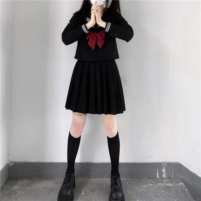 Japanese Schoolgirl Skirt Japanese School Uniform Girls Plus Size Jk Suit Red Tie Black Three Basic Sailor Uniform Women Long Sleeve Suit