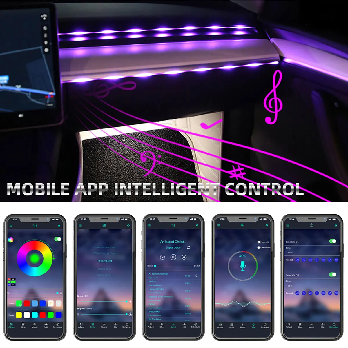 USB 자동차 LED 주변 조명 아크릴 스트립 대시 보드 조명, RGB 자동차 인테리어 숨겨진 앱 리모컨 분위기 램프, 64 색