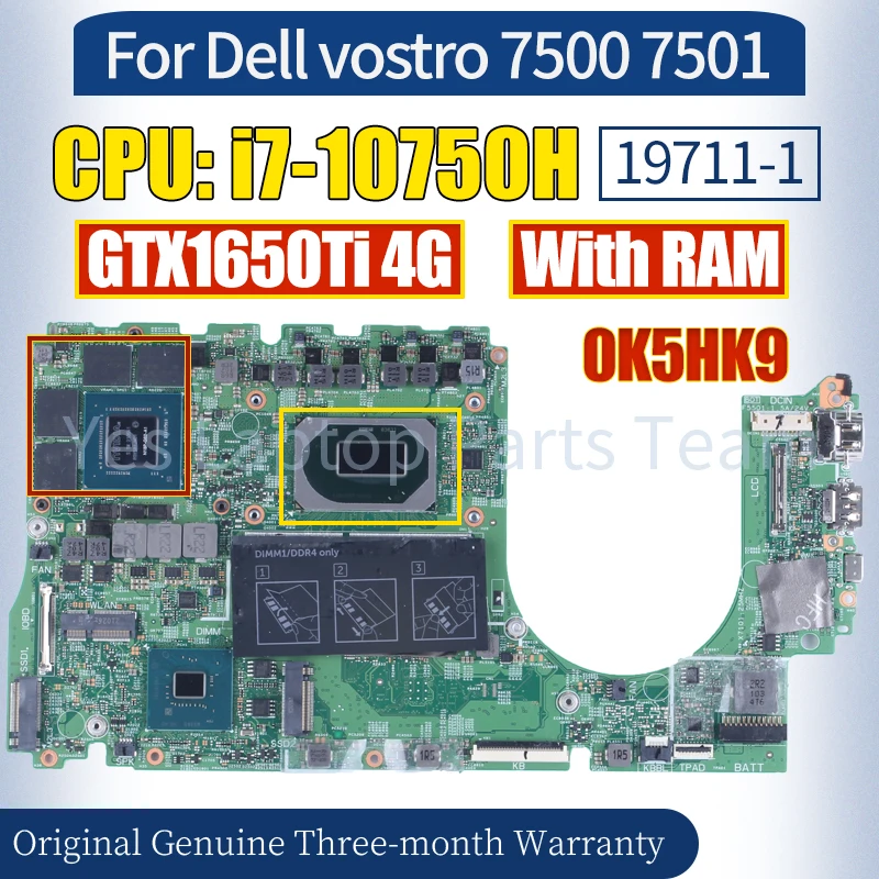 

19711-1 For Dell Vostro 7500 7501 Laptop Mainboard 0K5HK9 SRH8Q i7-10750H With RAM GTX1650Ti 4G Notebook Motherboard 100％ Tested