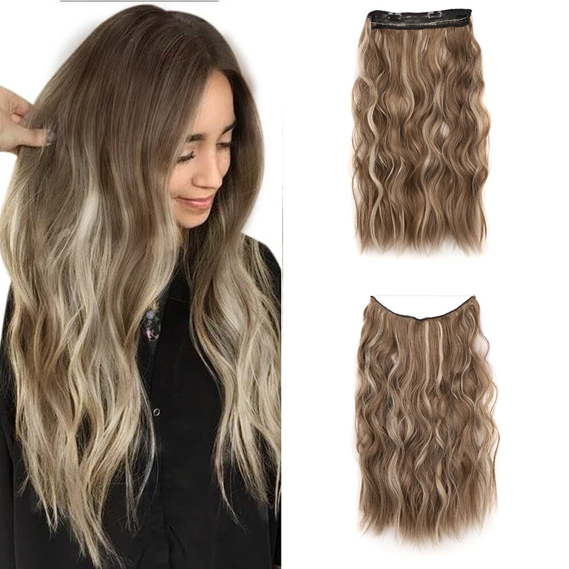 

Long Wavy Clip in Hair Extensions for Women Synthetic Invisible Fish Line Hair Extension Ombre Brown One Piece Fake Hair Piece
