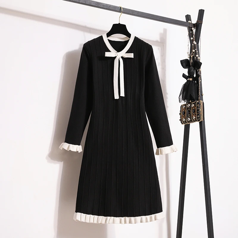 

Loose Casual Knit Long Dress Women Solid Elastic Waist Long Sleeve Bow Neck Ladies Fashion Winter Sweater Dresses Y2K