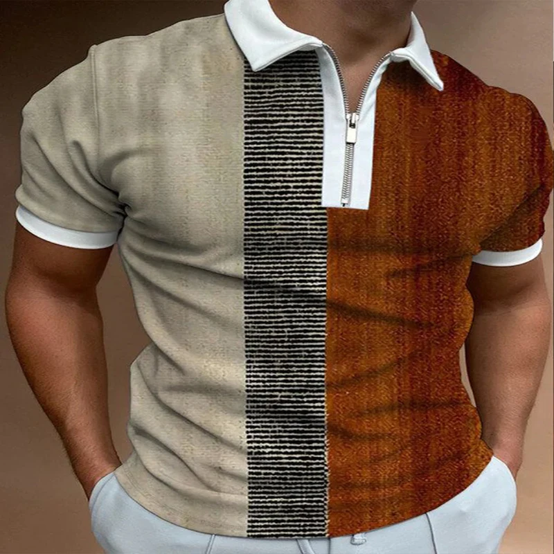 

Wood Grain 3D Print Polo Zipper Short Sleeve Shirt for Men