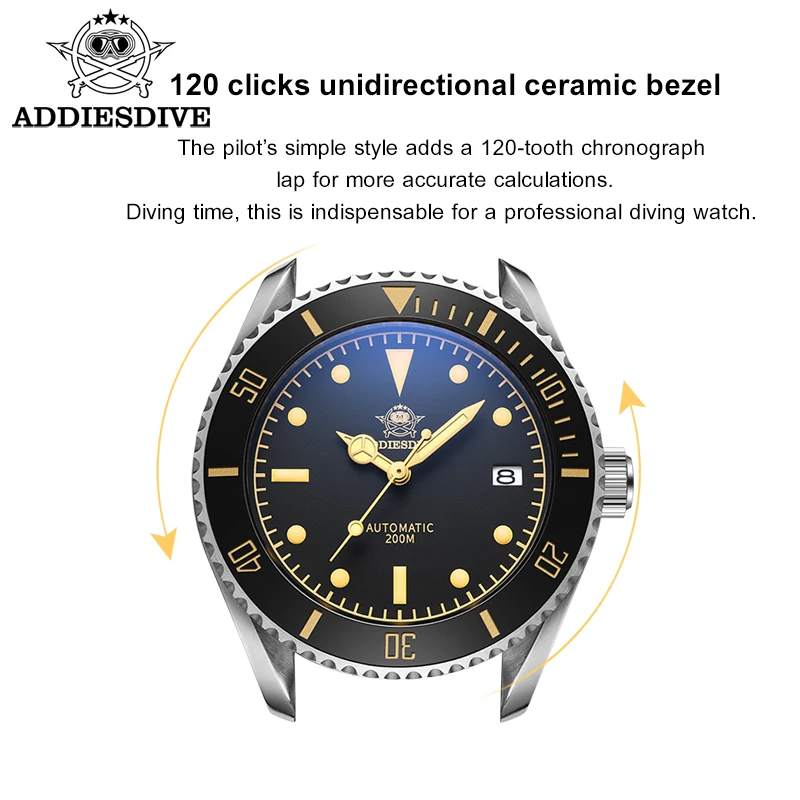 ADDIESDIVE Man Automatic Mechanical Watches 20Bar Waterproof 316L Steel 200Bar Waterproof European American Casual Watches