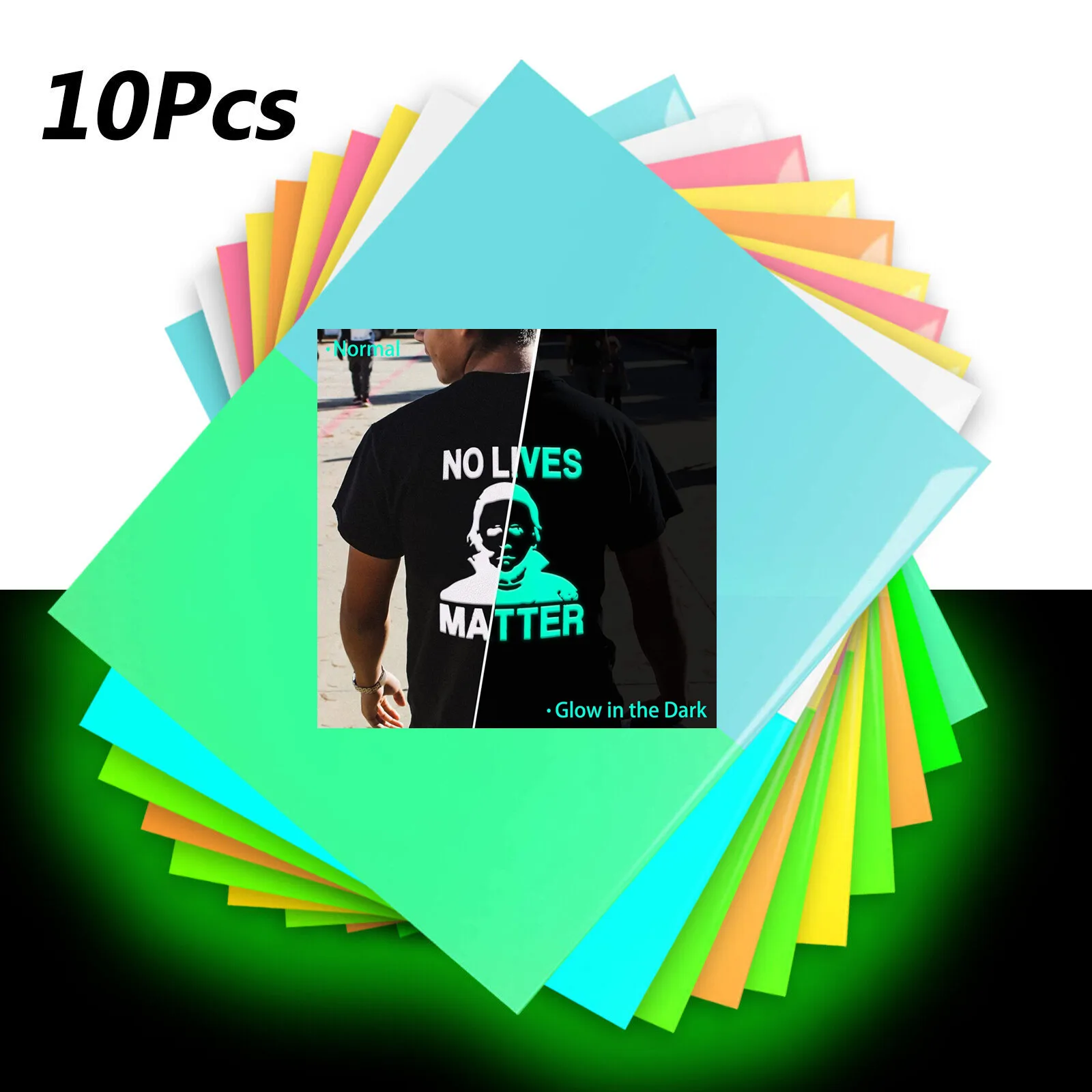 Htvaton 10 Pack 12 X10In Glow In The Dark Fogli Di Vinile A Trasferimento Termico Ferro Luminoso Su Htv Vinyls Per Cricut Heat Press T-Shirt