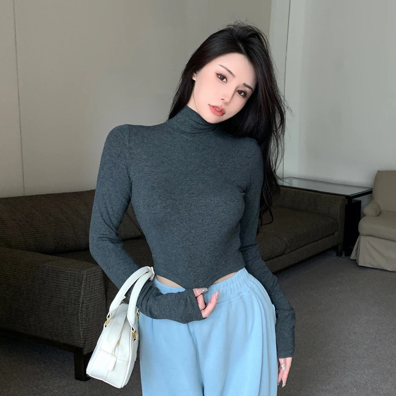 

Slim Fit Girls T-shirt 2023 New Winter Fall Fashion Short Cut Knit T-shirts for Lady Long Sleeves Turtle Neck Super Elastic