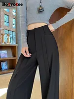 Botvotee Office Elegant Women Suits Pants Black Straight High Waist Wide Leg Fashion Trousers Pockets Trousers Pantalones Mujer