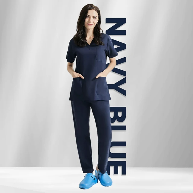 High Quality V-neck Scrub Tops Beauty Salon Nursing Elastic Waist Pants Unisex Breathable Surgery Uniform Medical Accessories Navy Blue