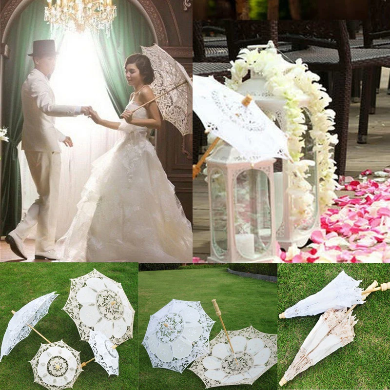 26/43cm Length Embroidery Lace Parasol Umbrella Wedding Decoration Photo Prop Flower Girl Umbrella Cotton Lace Kids Sun