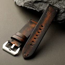 Vintage Distressed Handmade Polished Leather Strap - Top Layer Cowhide - 22mm (Silver buckle)