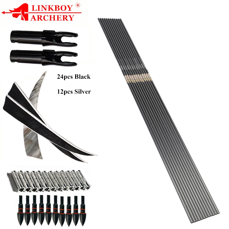 

Linkboy-стрельба из лука углеродная стрела вал, ID мм, 4 дюйма индейки перо, 75gr вставка Nock, блочный лук охота, 12 шт