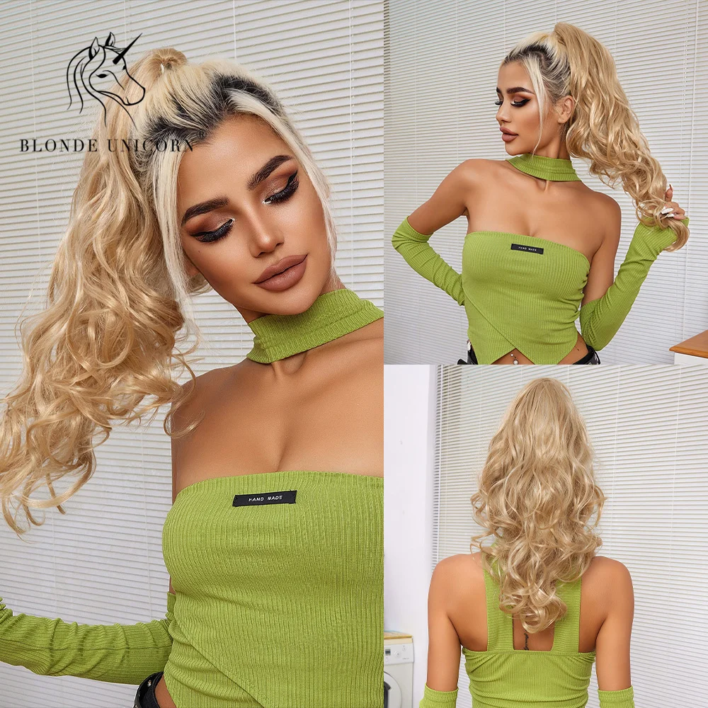 

Blonde Unicorn Blonde Long Wavy Clip In Ponytail Hair Extension Synthetic Pony Tail Fake Hair Blonde False Afro Hairpie