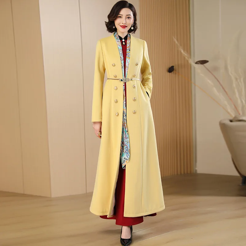 

Fashion Blends New Trench Women Autumn Winter Coat X-Long Jacket Double Breasted Outwear Office Lady Open Stitch Slim Cardigan