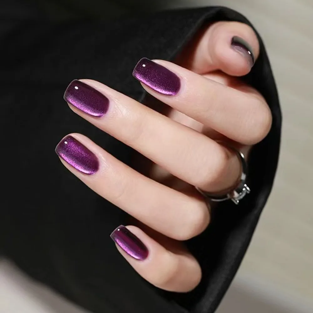 

Wearable Manicure French Fake Nails Fashion Full Cover Square Shape False Nail Cat's Eye Press on Nails Women