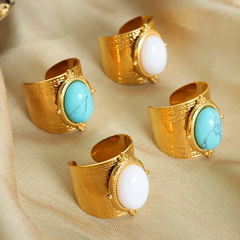 1/2Pcs Turquoise Stone Opal Stone Open Rings For Women Stainless Steel Vintage Gold Color Wide Ring Finger Rings Jewelry Gifts