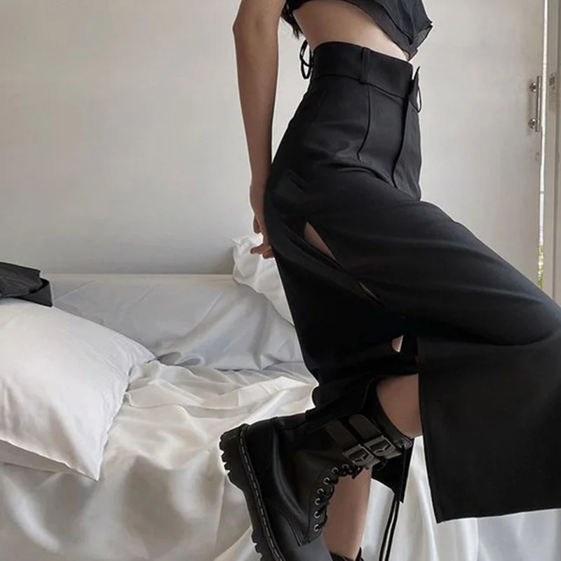 2023 New Gothic Women Midi Skirt High Waist Black Streetwear Summer Office Ladies Casual Sexy Split Hollow Out Goth Skirts gothic hot girl chest support personality strap versatile adjustable sling black patent leather pu leather ladies wide small ves