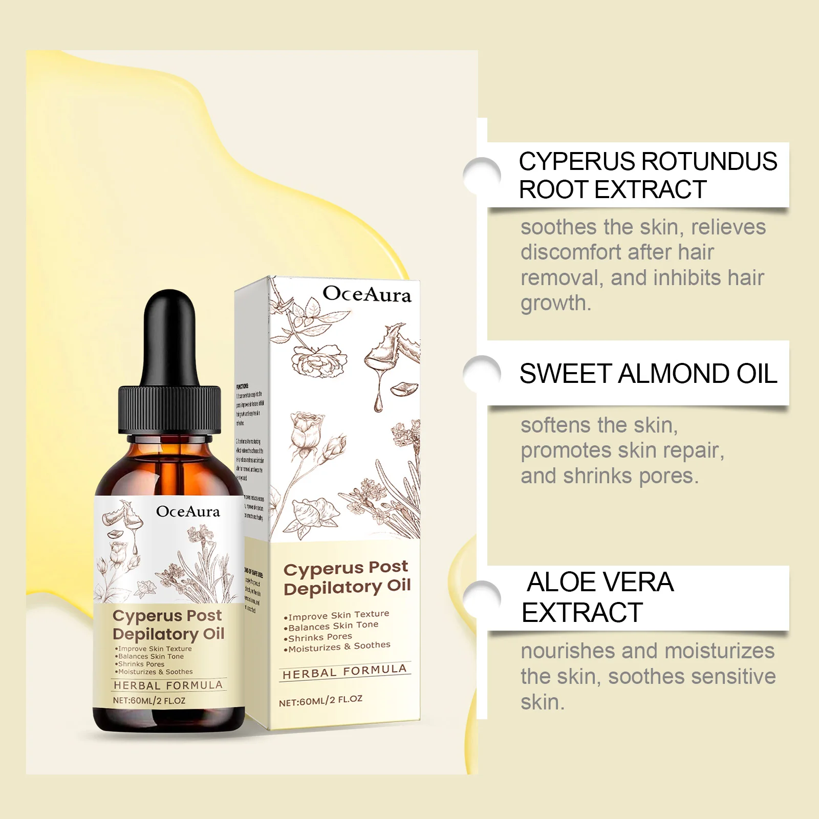 Post Hair Removal Oil - Moisturizing Skin Care Oil With Cyperus Extract For Smooth Hydrated Skin After Depilation