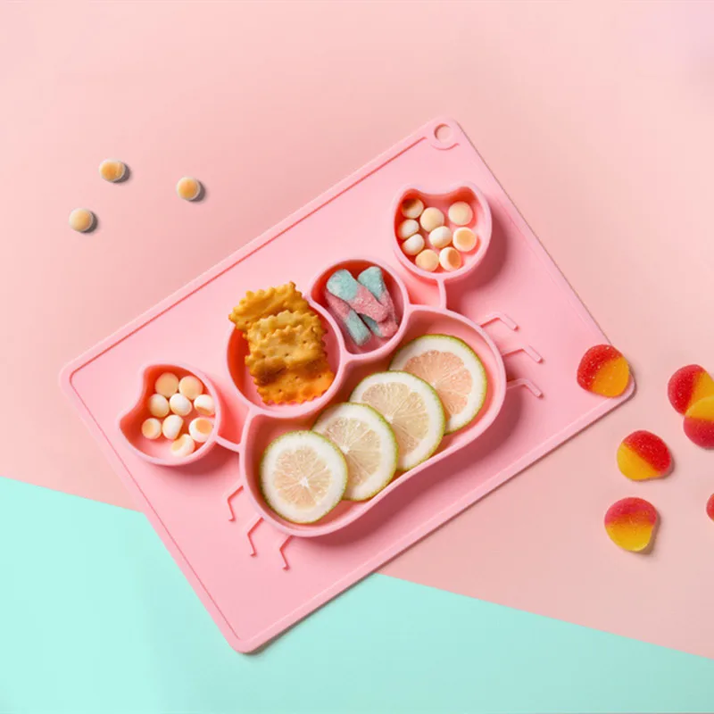  자기 수유 접시, 미끄럼 방지 실리콘 어린이 저녁 식사 접시, 휴대용 분할 접시, 용 빨판 포함, 게, 5 섹션