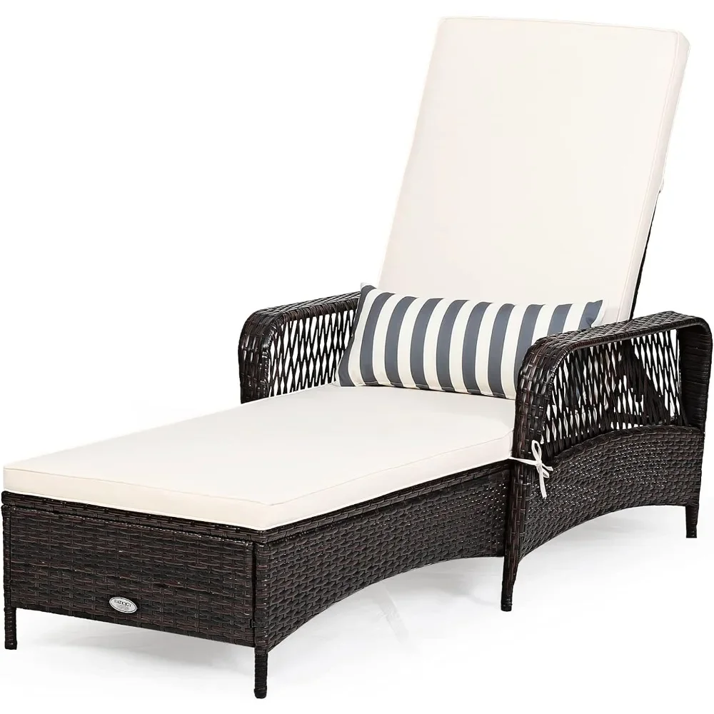 Outdoor Chaise Lounge Chair Wicker with 6-Gear Adjustable Backrest, Thick Padded Cushion & Removable Lumbar Pillow, Lounge Chair