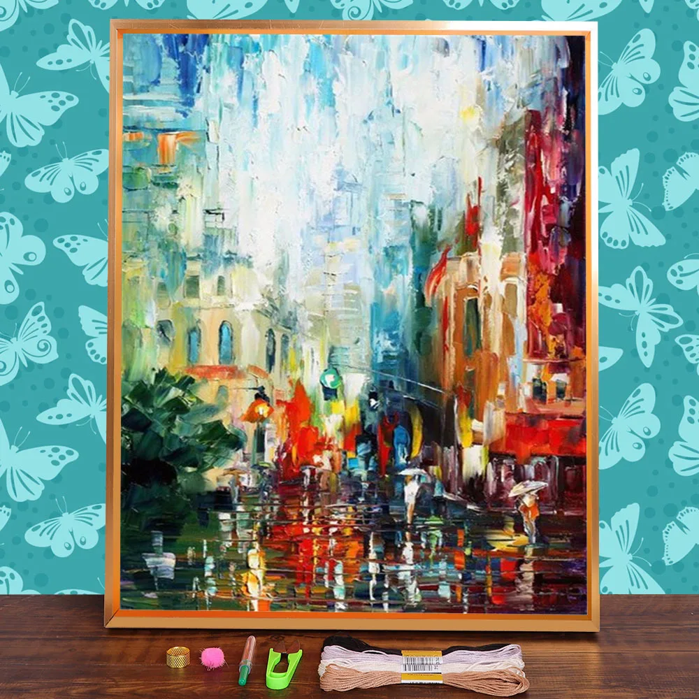 Oil Painting Style New York Printed Fabric 11CT Cross-Stitch DIY Embroidery Full Kit DMC Threads Craft Handmade Promotions |