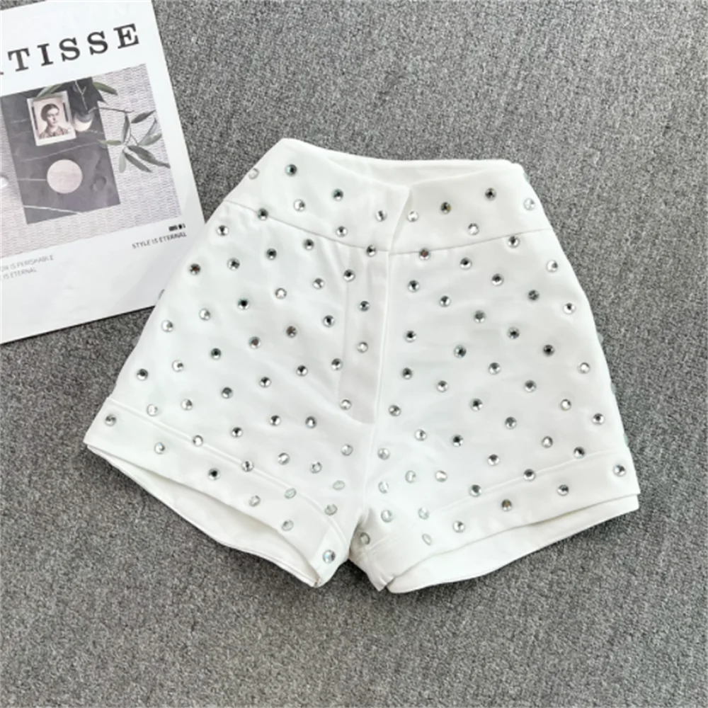 

Casual wide-legged bead short pants summer black white new high-waisted straight tube diamond shorts women
