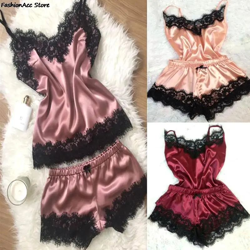 

Fashion Women Pajamas Women Sleepwear Sleeveless Strap Nightwear Lace Trim Satin Cami Top Pajama Sets Sexy Hot Erotic Home Wear