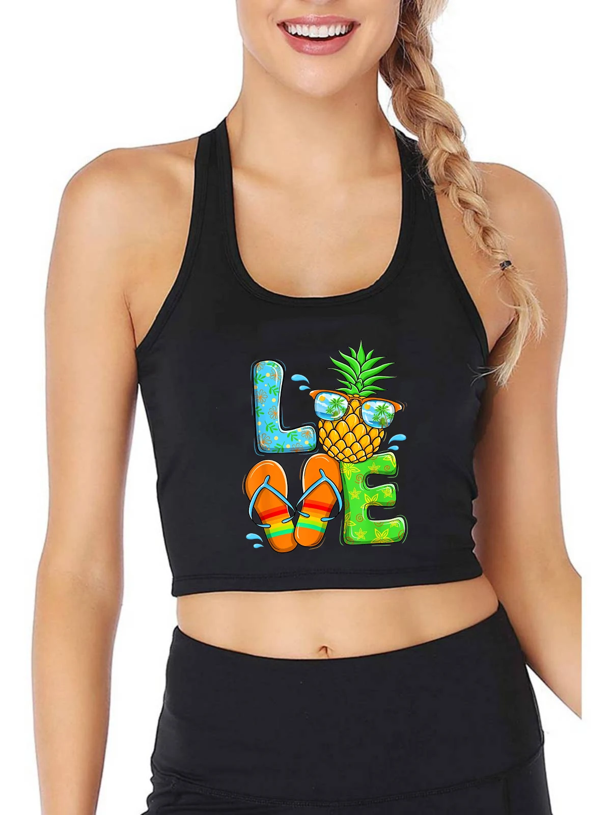 

Summer Love Teacher Life Love Pineapple Design Sexy Slim Fit Crop Top Women's Customizable Cotton Breathable Tank Tops
