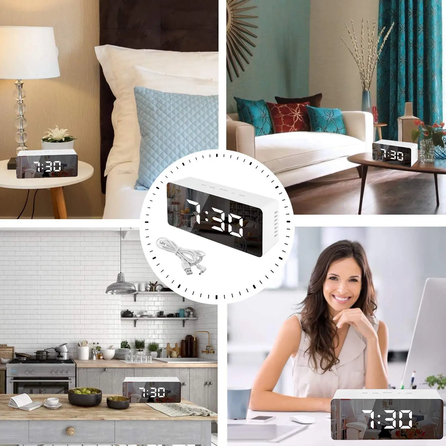 Digital Clock LED Mirror Alarm Snooze Temperature