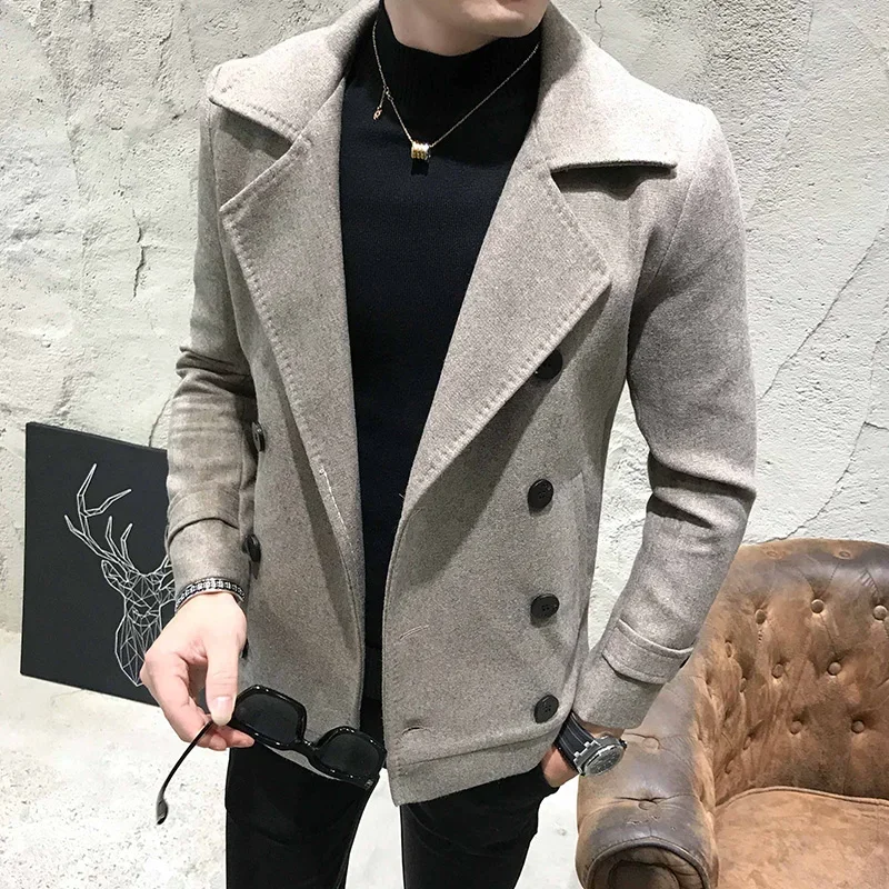2023 New Fashion Men Double-Breasted Windbreaker Solid Color Slim Short Woolen Coat Winter Casual Warm Windbreaker Coat Size 5XL 5