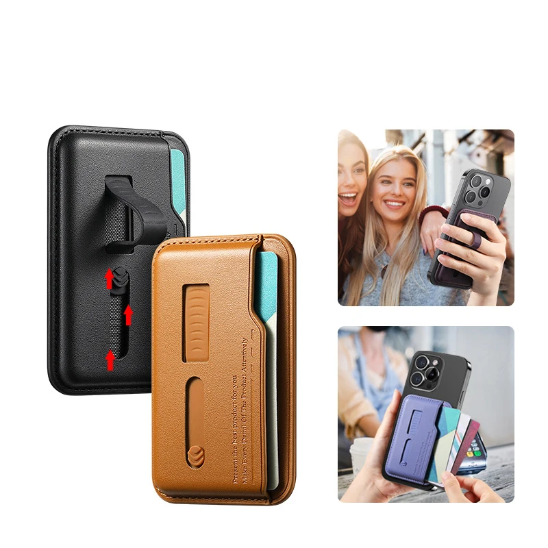 Sleek Magnetic Leather Wallet Card Holder Case with Hidden Strap